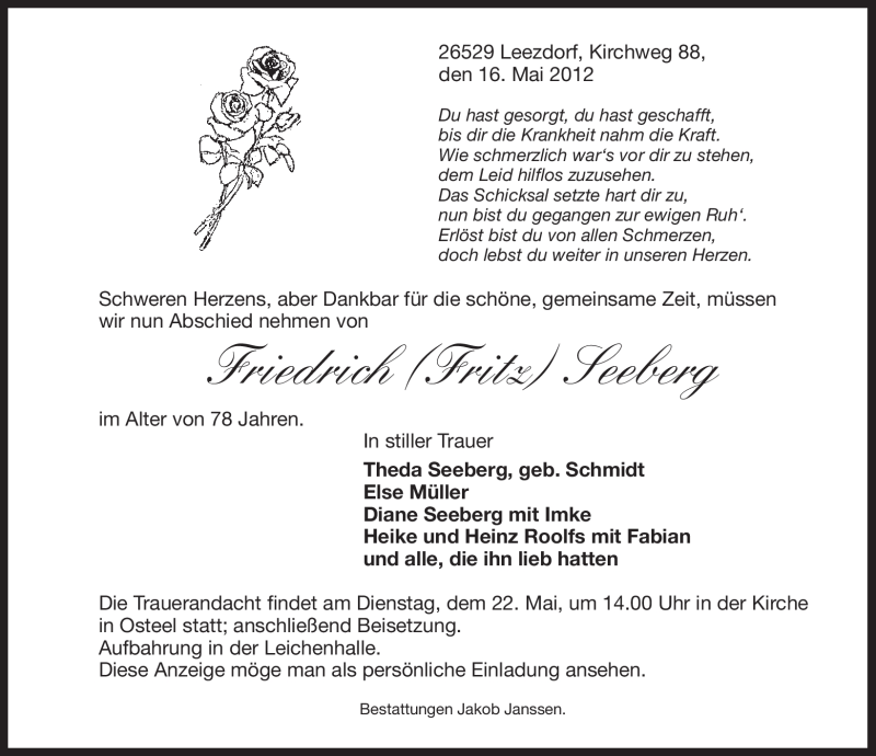  Traueranzeige für Friedrich Seeberg vom 18.05.2012 aus Ostfriesischer Kurier