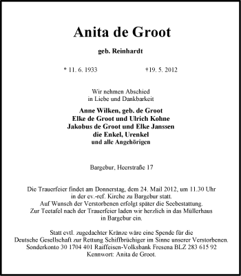 Traueranzeige von Anita de Groot von Ostfriesischer Kurier