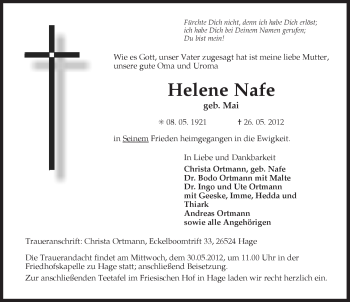 Traueranzeige von Helene Nafe von Ostfriesischer Kurier