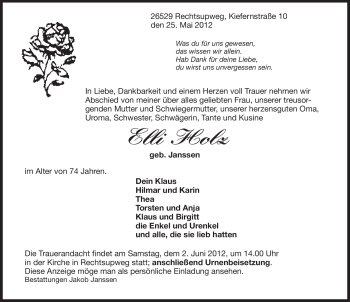 Traueranzeige von Elli Holz von Ostfriesischer Kurier