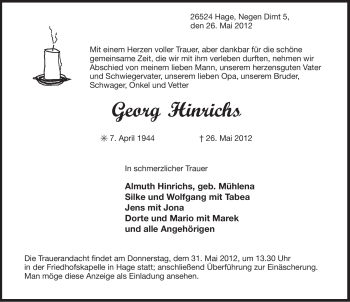 Traueranzeige von Georg Hinrichs von Ostfriesischer Kurier