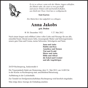 Traueranzeige von Anna Jakobs von Ostfriesischer Kurier