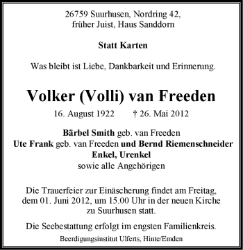 Traueranzeige von Volker (Volli) van Freeden von Ostfriesischer Kurier
