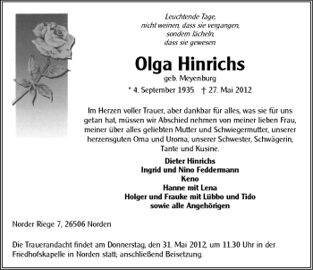 Traueranzeige von Olga Hinrichs von Ostfriesischer Kurier