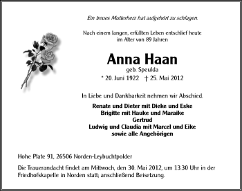 Traueranzeige von Anna Haan von Ostfriesischer Kurier