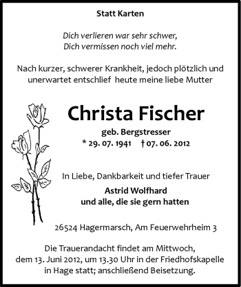 Traueranzeige von Christa Fischer von Ostfriesischer Kurier