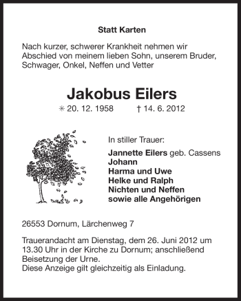 Traueranzeige von Jakobus Eilers von Ostfriesischer Kurier