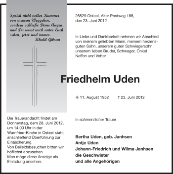 Traueranzeige von Friedhelm Uden von Ostfriesischer Kurier