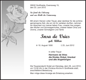 Traueranzeige von Insa de Vries von Ostfriesischer Kurier
