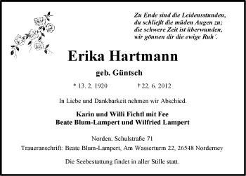 Traueranzeige von Erika Hartmann von Ostfriesischer Kurier