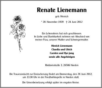 Traueranzeige von Renate Lienemann von Ostfriesischer Kurier