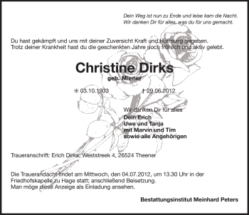 Traueranzeige von Christine Dirks von Ostfriesischer Kurier