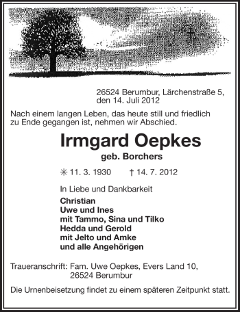 Traueranzeige von Irmgard Oepkes von Ostfriesischer Kurier