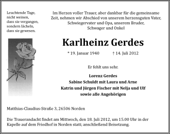 Traueranzeige von Karlheinz Gerdes von Ostfriesischer Kurier