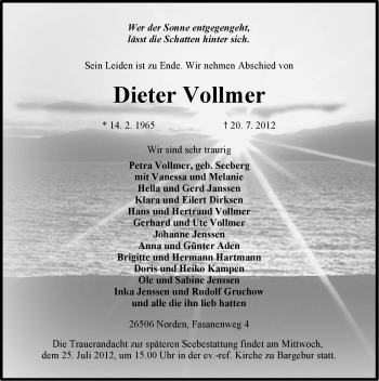 Traueranzeige von Dieter Vollmer von Ostfriesischer Kurier