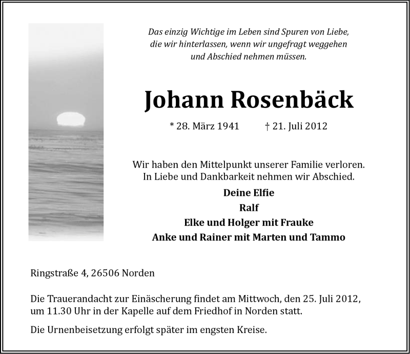  Traueranzeige für Johann Rosenbäck vom 23.07.2012 aus Ostfriesischer Kurier