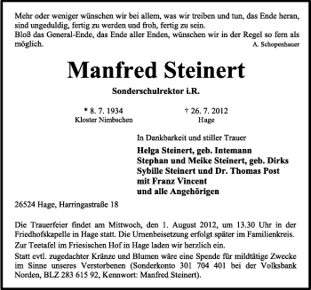 Traueranzeige von Manfred Steinert von Ostfriesischer Kurier