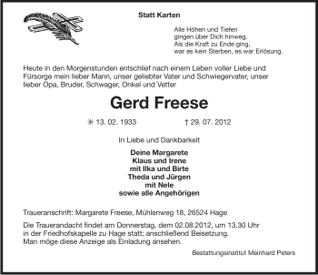 Traueranzeige von Gerd Freese von Ostfriesischer Kurier