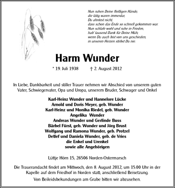 Traueranzeige von Harm Wunder von Ostfriesischer Kurier