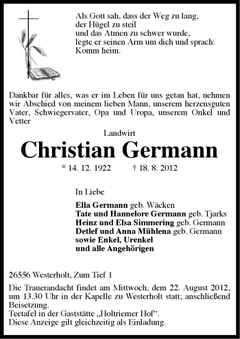Traueranzeige von Christian Germann von Ostfriesischer Kurier