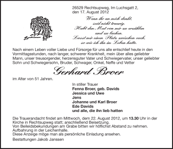 Traueranzeige von Gerhard Broer von Ostfriesischer Kurier