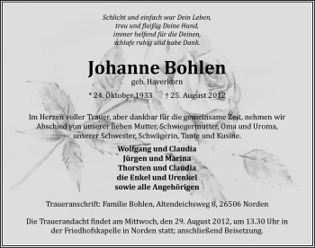 Traueranzeige von Johanne Bohlen von Ostfriesischer Kurier