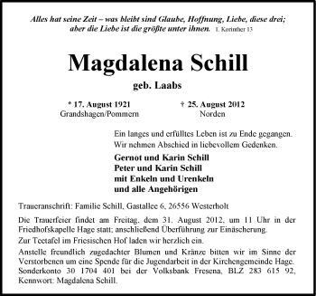 Traueranzeige von Magdalena Schill von Ostfriesischer Kurier