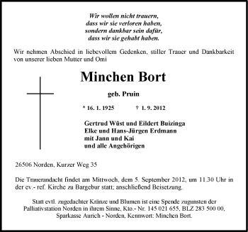 Traueranzeige von Minchen Bort von Ostfriesischer Kurier