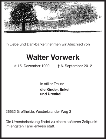 Traueranzeige von Walter Vorwerk von Ostfriesischer Kurier