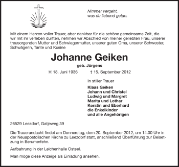 Traueranzeige von Johanne Geiken von Ostfriesischer Kurier