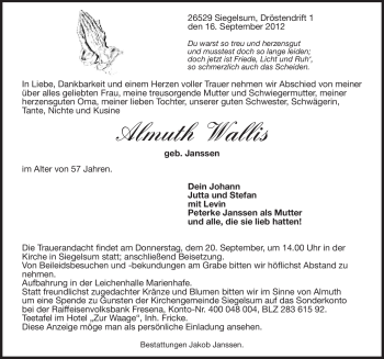 Traueranzeige von Almuth Wallis von Ostfriesischer Kurier