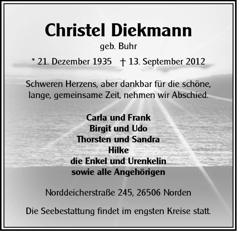  Traueranzeige für Christel Diekmann vom 17.09.2012 aus Ostfriesischer Kurier