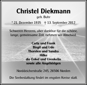 Traueranzeige von Christel Diekmann von Ostfriesischer Kurier