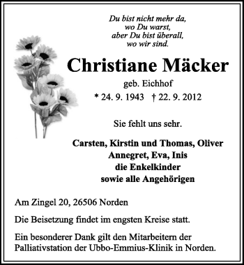 Traueranzeige von Christiane Mäcker von Ostfriesischer Kurier