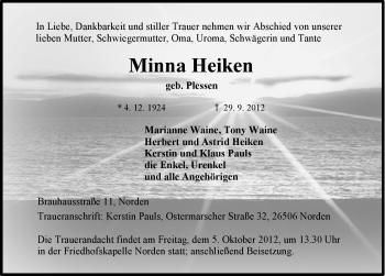 Traueranzeige von Minna Heiken von Ostfriesischer Kurier