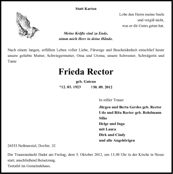 Traueranzeige von Frieda Rector von Ostfriesischer Kurier