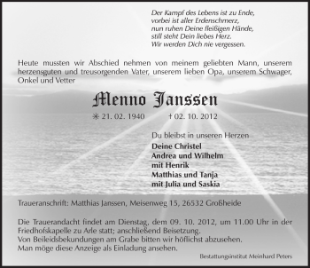 Traueranzeige von Menno Janssen von Ostfriesischer Kurier