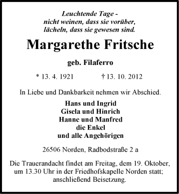 Traueranzeige von Margarethe Fritsche von Ostfriesischer Kurier