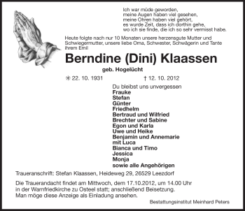 Traueranzeige von Berndine Klaassen von Ostfriesischer Kurier