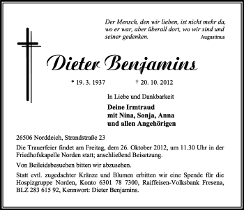 Traueranzeige von Dieter Benjamins von Ostfriesischer Kurier