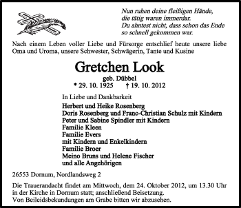 Traueranzeige von Gretchen Look von Ostfriesischer Kurier