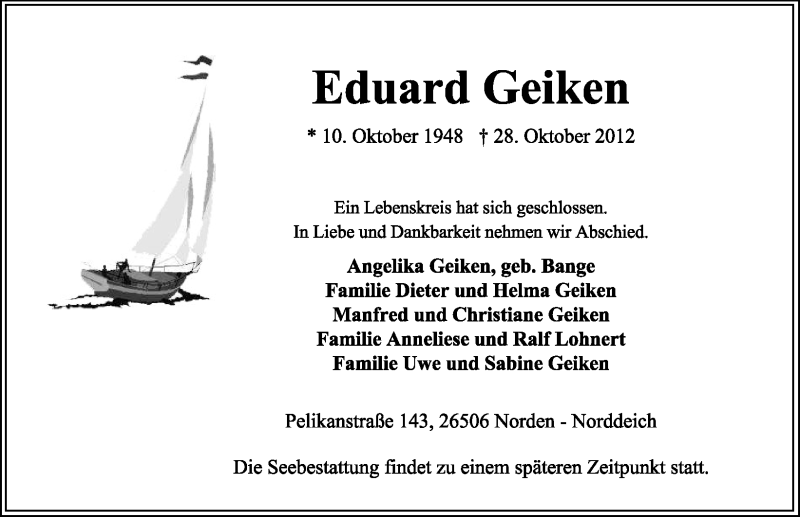  Traueranzeige für Eduard Geiken vom 29.10.2012 aus Ostfriesischer Kurier