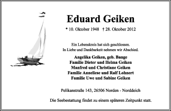 Traueranzeige von Eduard Geiken von Ostfriesischer Kurier