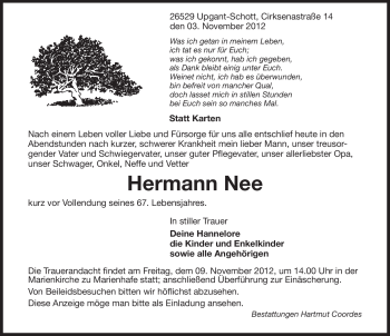 Traueranzeige von Hermann Nee von Ostfriesischer Kurier