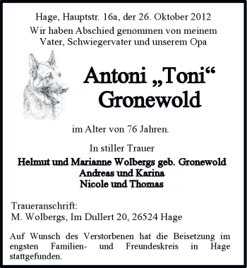 Traueranzeige von Antoni  Gronewold von Ostfriesischer Kurier