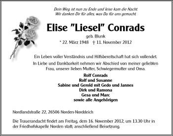 Traueranzeige von Elise Conrads von Ostfriesischer Kurier