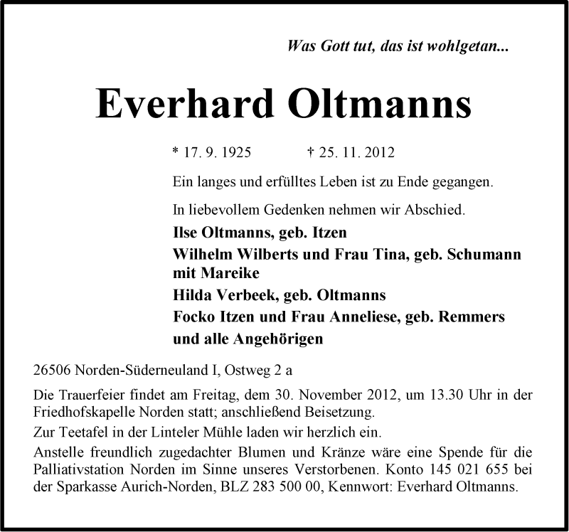  Traueranzeige für Everhard Oltmanns vom 26.11.2012 aus Ostfriesischer Kurier
