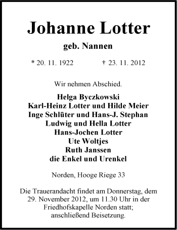 Traueranzeige von Johanne Lotter von Ostfriesischer Kurier