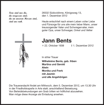 Traueranzeige von Jann Bents von Ostfriesischer Kurier