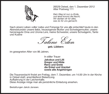 Traueranzeige von Talene Eden von Ostfriesischer Kurier